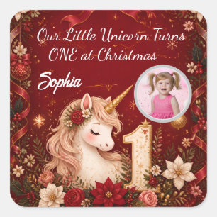 Floral Crimson Unicorn 1st Birthday Christmas Square Sticker