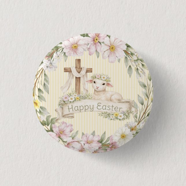 Floral Cross and Lamb | Happy Easter 3 Cm Round Badge (Front)