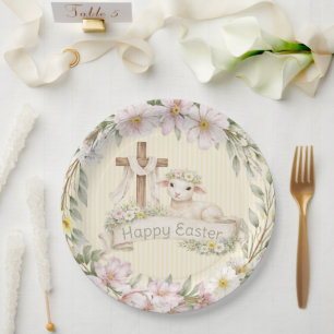 Floral Cross and Lamb   Happy Easter Paper Plate