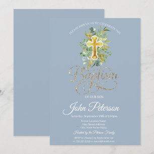 Floral Cross Baptism Dusty Blue Invitation