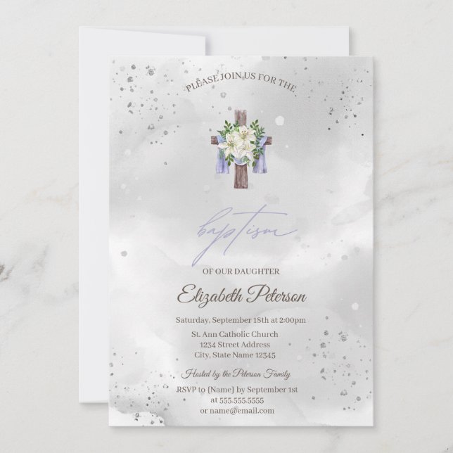 Floral Cross Baptism Invitation (Front)