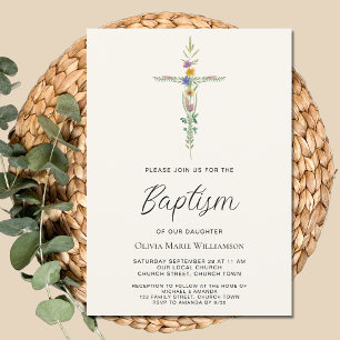 Floral Cross Baptism Invitation