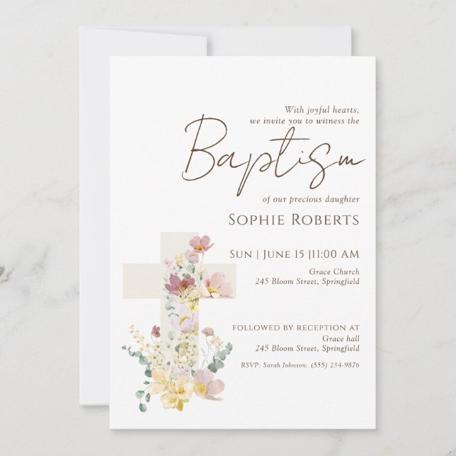 Floral Cross Baptism Invitation for Girl (Front)