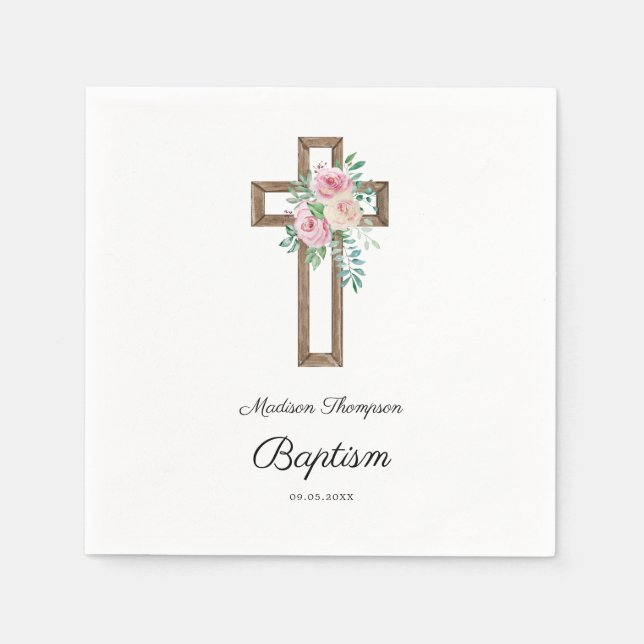 Floral Cross Baptism Napkin (Front)