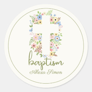 Floral Cross Baptism – Soft Pastel Classic Round Sticker