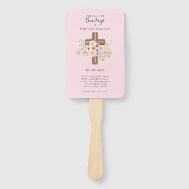 Floral Cross BAUTIZO Bautismo Baptism Program Hand Fan (Front)