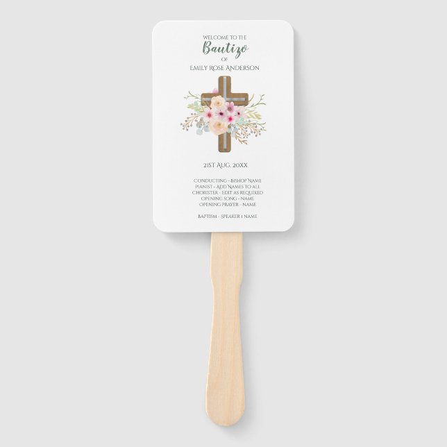 Floral Cross BAUTIZO Bautismo Baptism Program Hand Fan (Front)