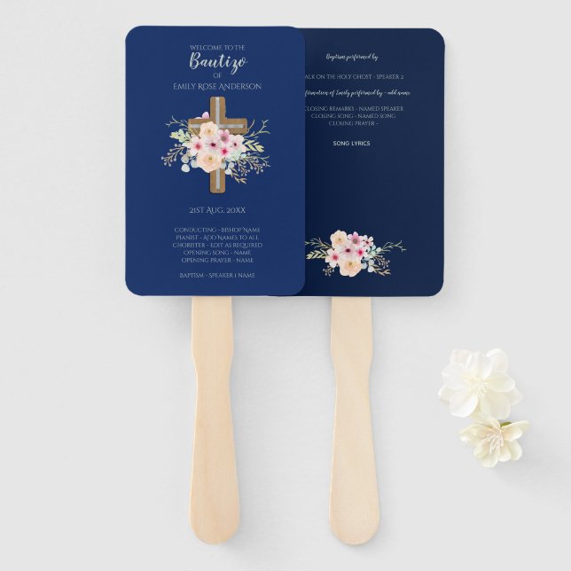 Floral Cross BAUTIZO Bautismo Baptism Program Hand Fan (Front and Back)