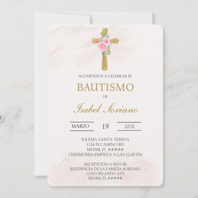 Floral cross beige Spanish baptism Invitation (Front)