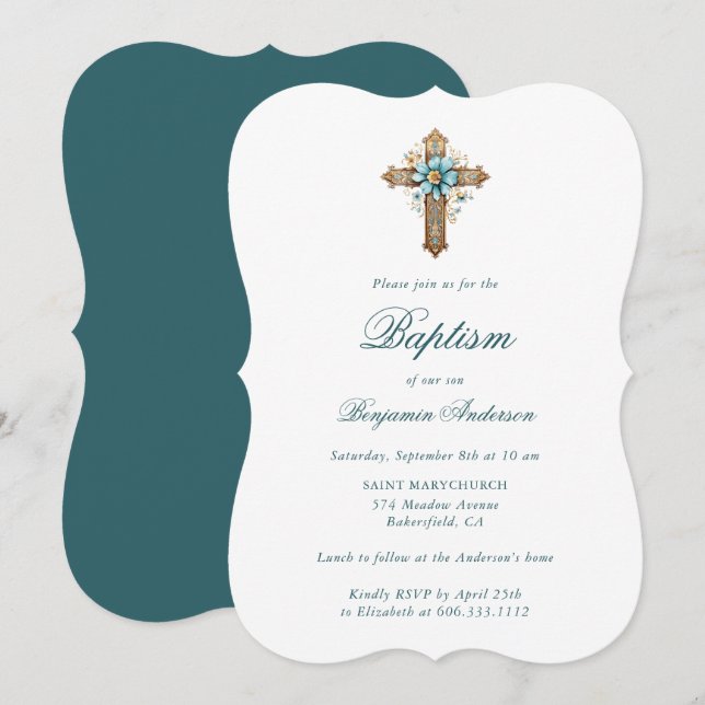 Floral Cross Boy Baptism Invitation (Front/Back)
