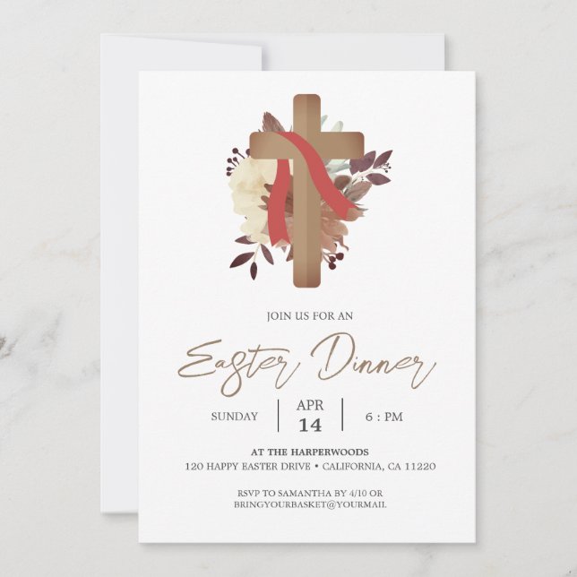 floral Cross Christian Spring Easter Dinner Invitation (Front)