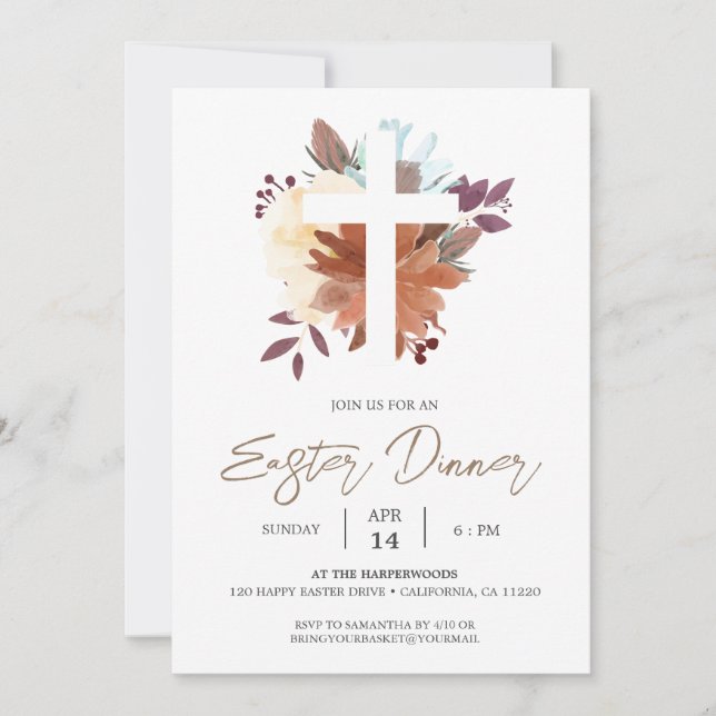 floral Cross Christian Spring Easter Dinner Invitation (Front)