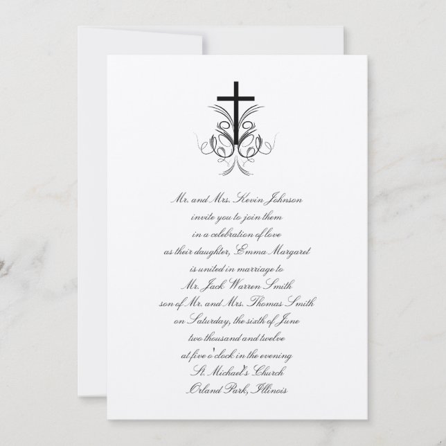 Floral Cross Christian Wedding Invitation Gold (Front)