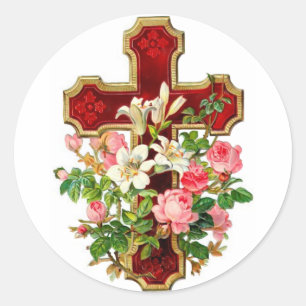 Floral Cross Classic Round Sticker
