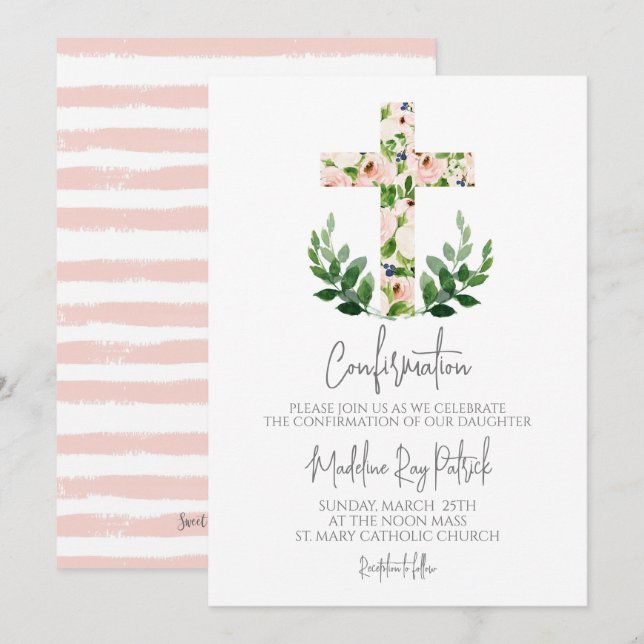 Floral Cross Confirmation  Invitation (Front/Back)
