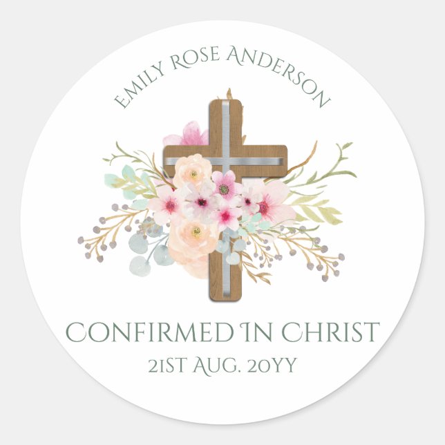 Floral Cross Confirmation Stickers Personalised (Front)