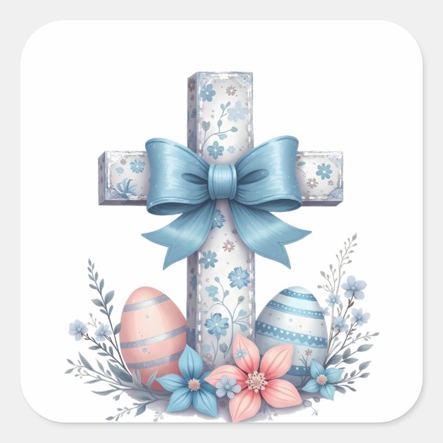 Floral Cross Coquette Jesus Bow Christian Religion Square Sticker (Front)