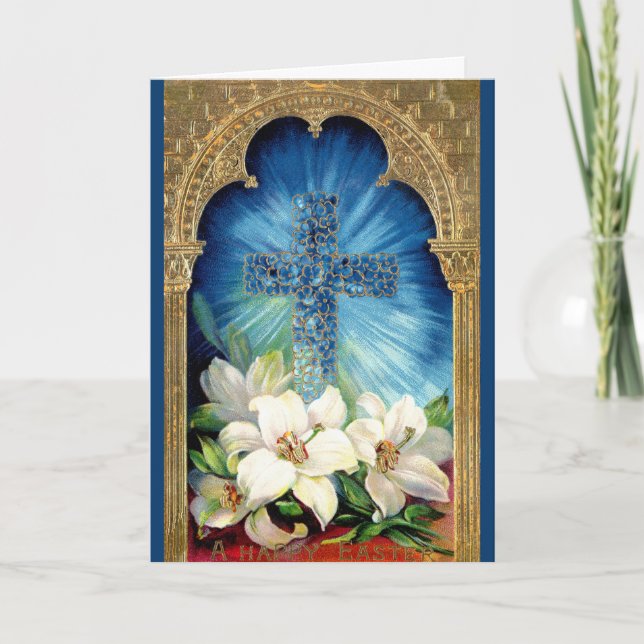 Floral Cross Easter Card Blue & Gold (Front)