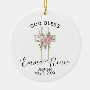 Floral Cross Elegant Personalised Baptism Girl Ceramic Tree Decoration