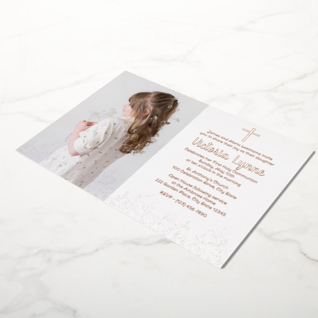 Floral Cross First Communion with Photo Foil Holiday Card (Rotated)