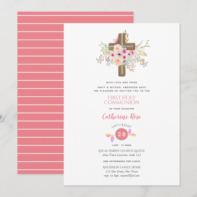 Floral Cross First Holy Communion Invitation Girl (Front/Back)
