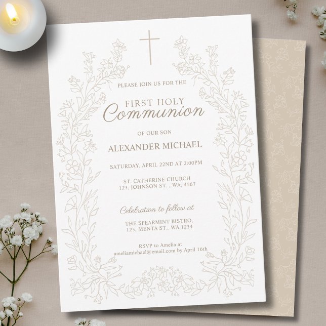 Floral Cross First Holy Communion Religious Invitation (Creator Uploaded)