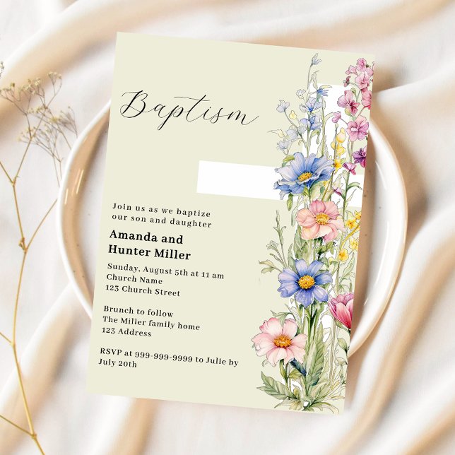 Floral cross girl boy twins pink blue Baptism Invitation (Creator Uploaded)
