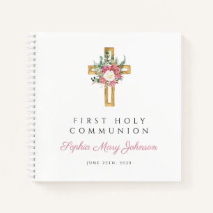 Floral Cross Girl First Communion Guestbook Notebook