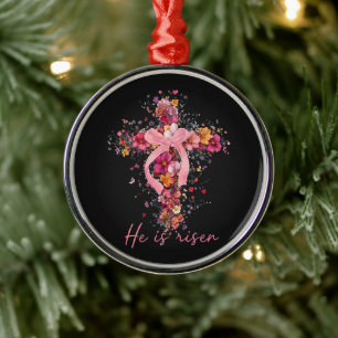 Floral Cross  'He Is Risen' Metal Tree Decoration