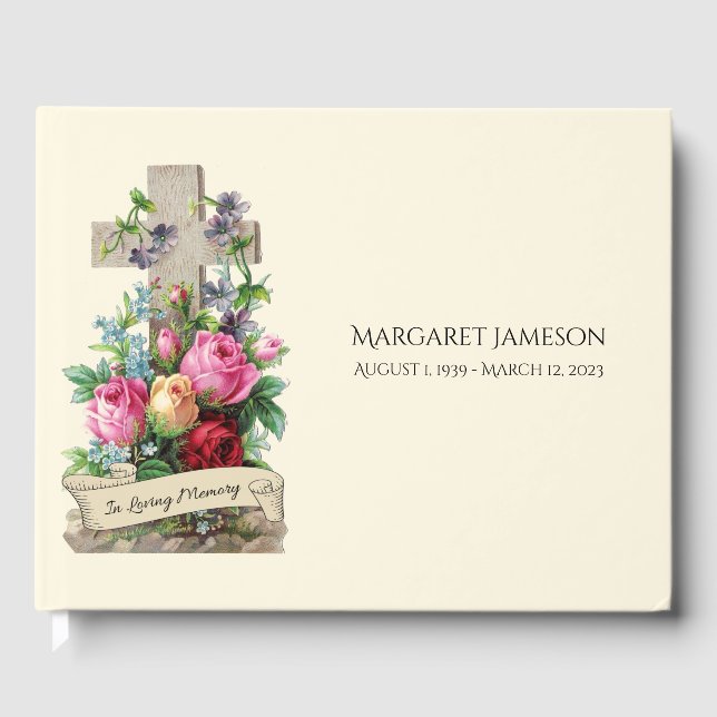 Floral Cross In Loving Memory Funeral  Guest Book (Front)