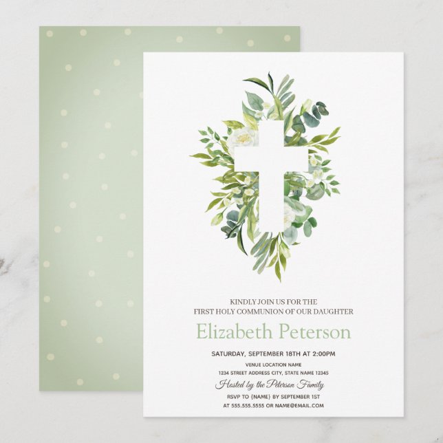 Floral Cross Leaves Dotted First Holy Communion   Invitation (Front/Back)