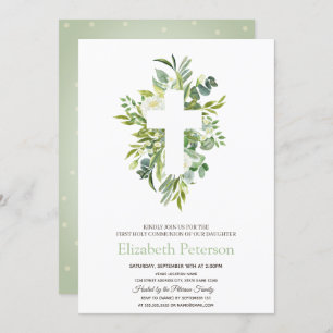 Floral Cross Leaves Dotted First Holy Communion Invitation