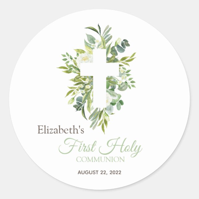  Floral Cross Leaves First Holy Communion  Classic Round Sticker (Front)