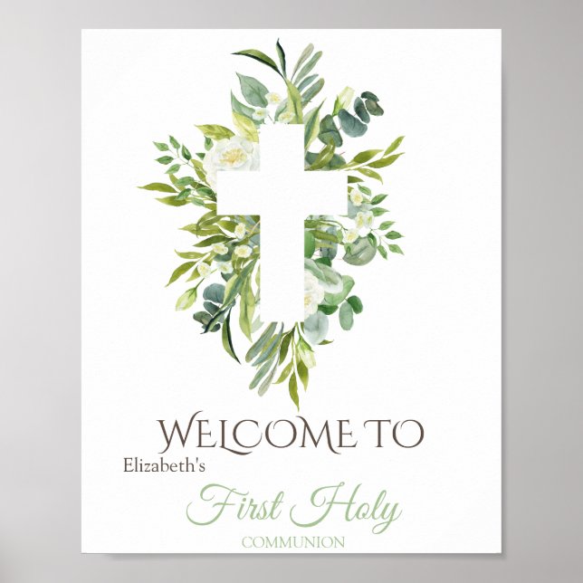 Floral Cross Leaves First Holy Communion   Poster (Front)