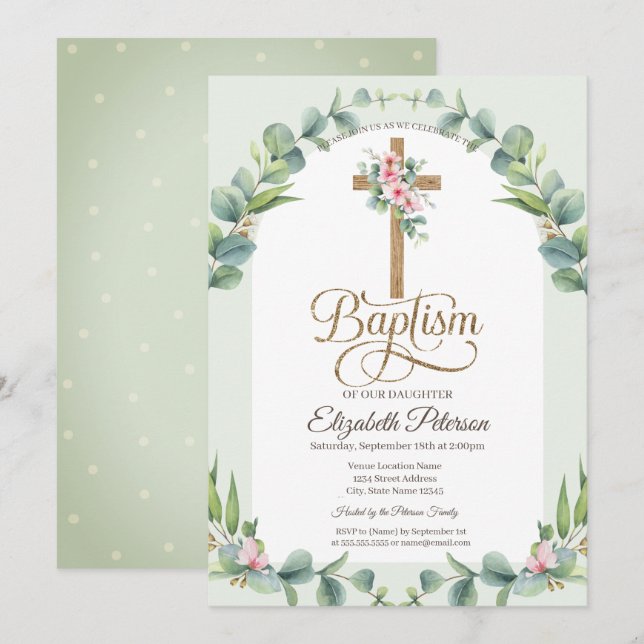 Floral Cross Leaves Polka Dots Invitation (Front/Back)