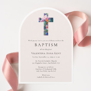 Floral Cross Modern Catholic Custom Photo Baptism Invitation
