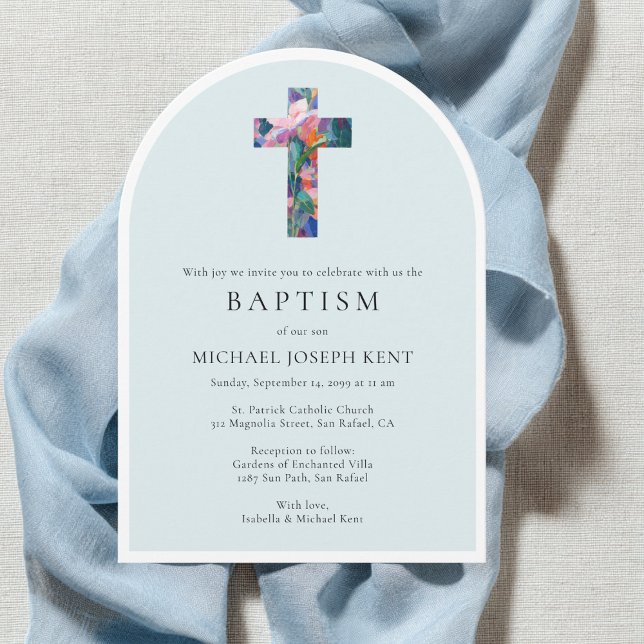 Floral Cross Modern Catholic Custom Photo Baptism Invitation (Creator Uploaded)