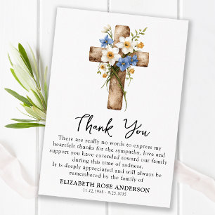 Floral Cross Modern Memorial Religious Funeral Thank You Card