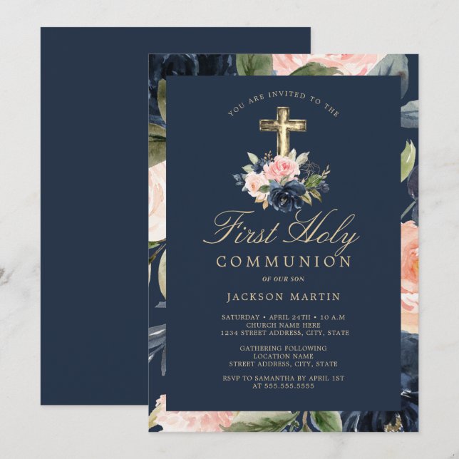 Floral Cross Navy Boys First Communion Invitation (Front/Back)