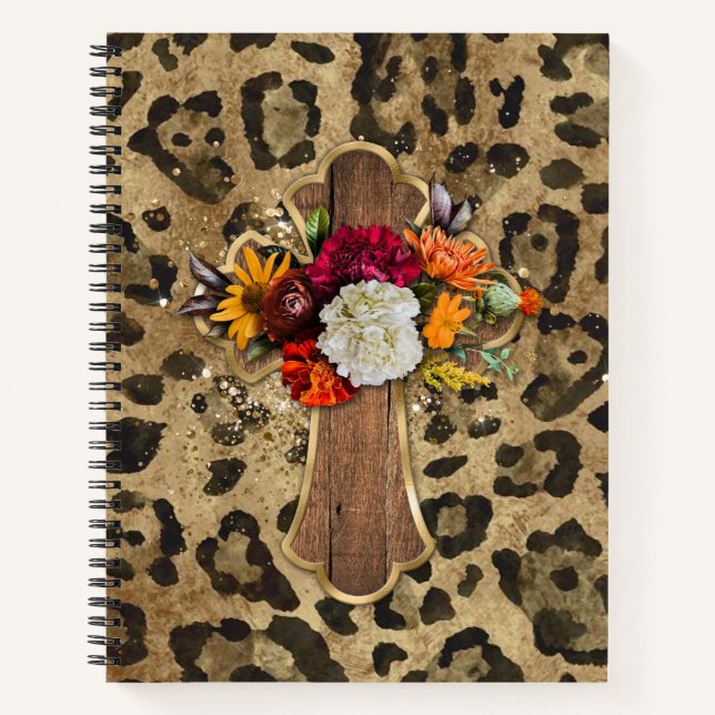 Floral Cross on Leopard Print Notebook (Front)