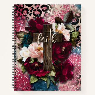 Floral Cross on Pink Blue Glitter Leopard Print Notebook