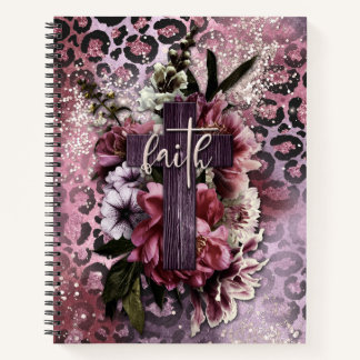 Floral Cross on Pink Purple Glitter Leopard Print Notebook