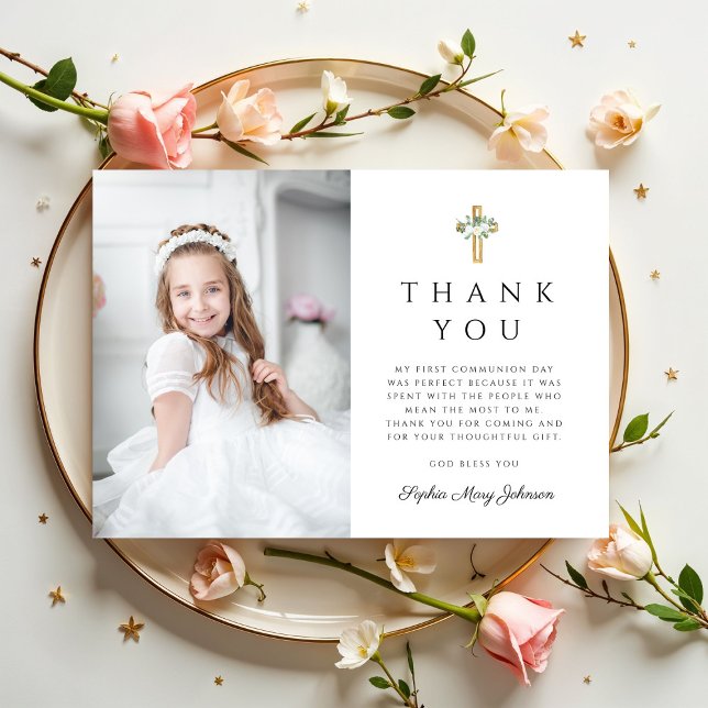 Floral Cross Photo Girl First Communion Thank You Card (Floral Cross Photo Girl First Communion Thank You Card)