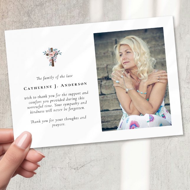 Floral Cross Photo Sympathy Funeral Memorial Thank You Card (Creator Uploaded)