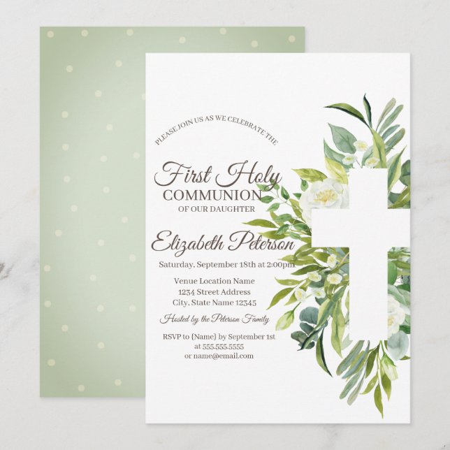 Floral Cross Polka Dots First Holy Communion  Invitation (Front/Back)