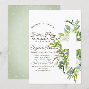 Floral Cross Polka Dots First Holy Communion  Invitation