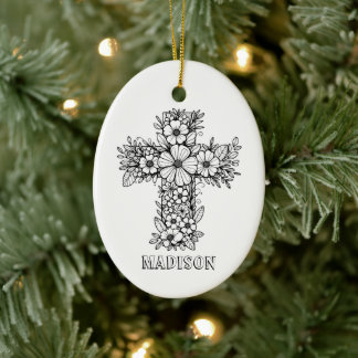 Floral Cross Religious Create Your Own Keepsake Ceramic Tree Decoration