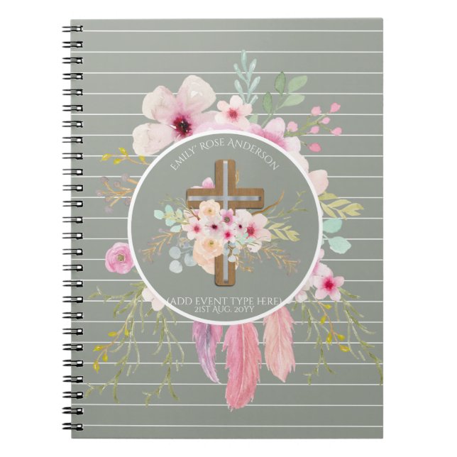 Floral Cross Religious Occasions Girl Personalised Notebook (Front)