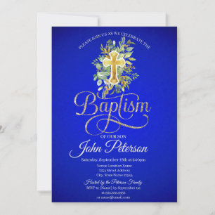 Floral Cross Royal Blue Baptism Invitation