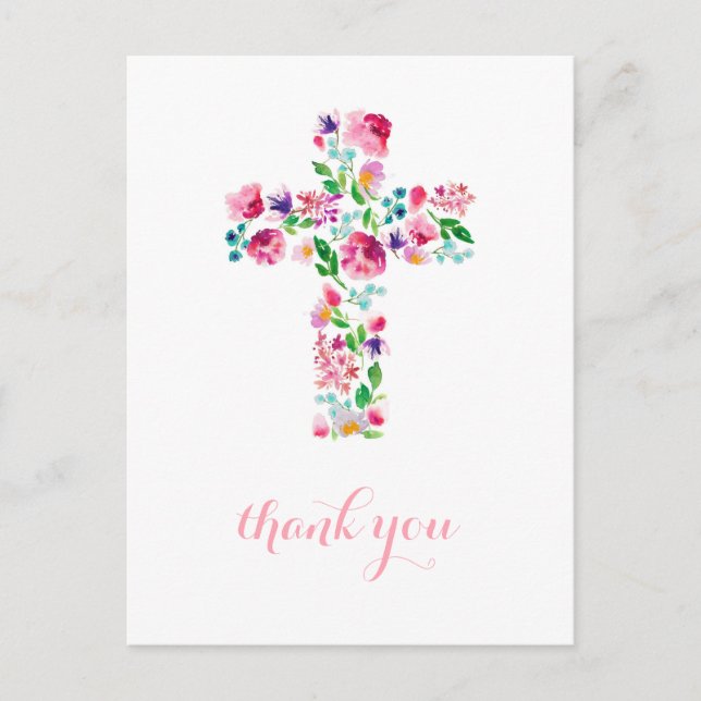 Floral Cross thank you note, christening thank you Postcard (Front)